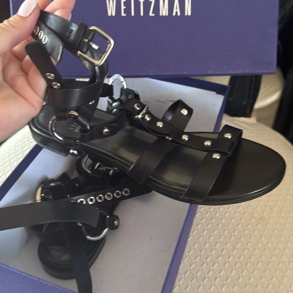 Stuart Weitzman Black Studded Leather Gladiator Sandals